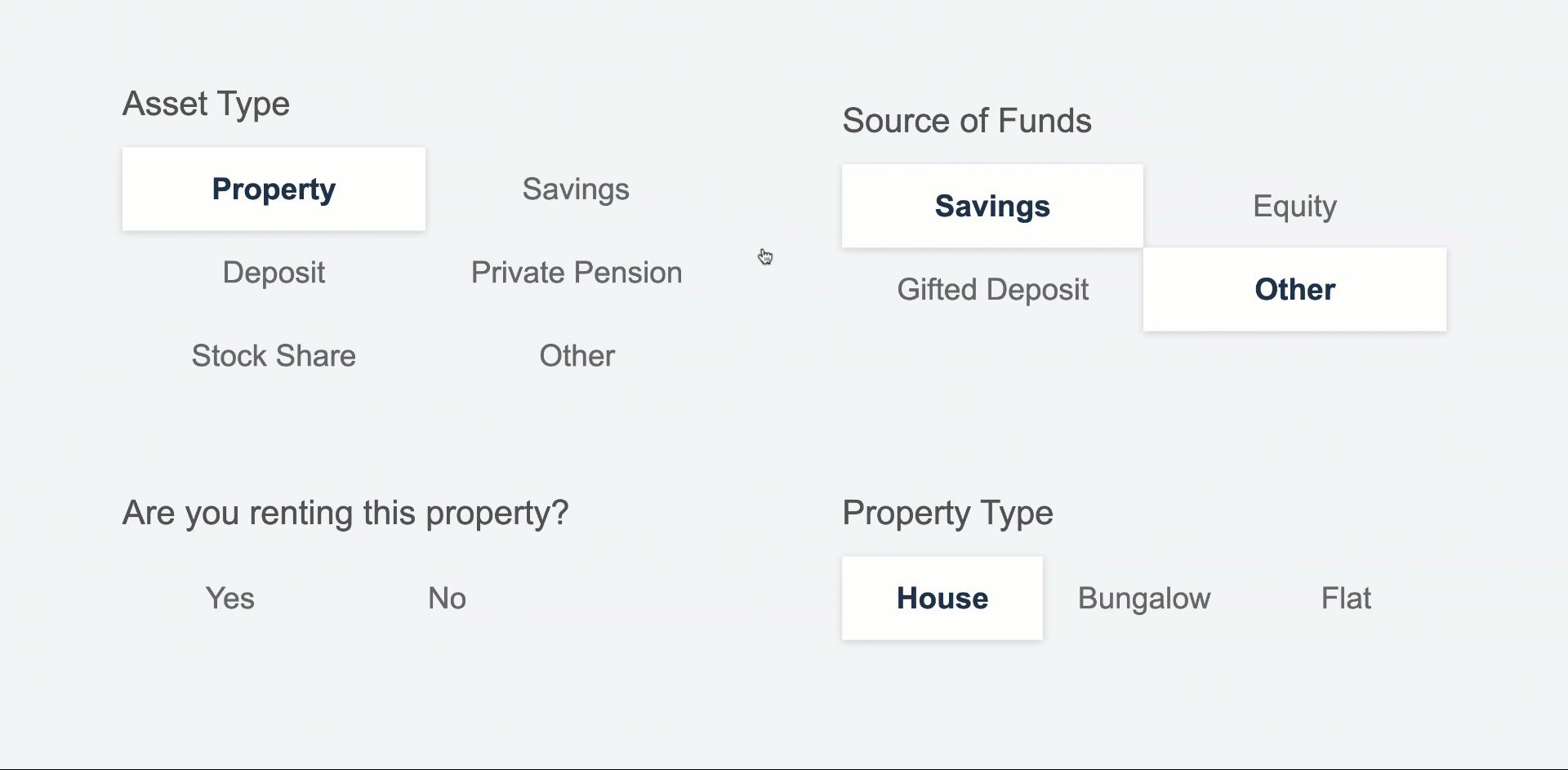 GIF showcasing button group interactions for Heron Financial's mortgage application interface