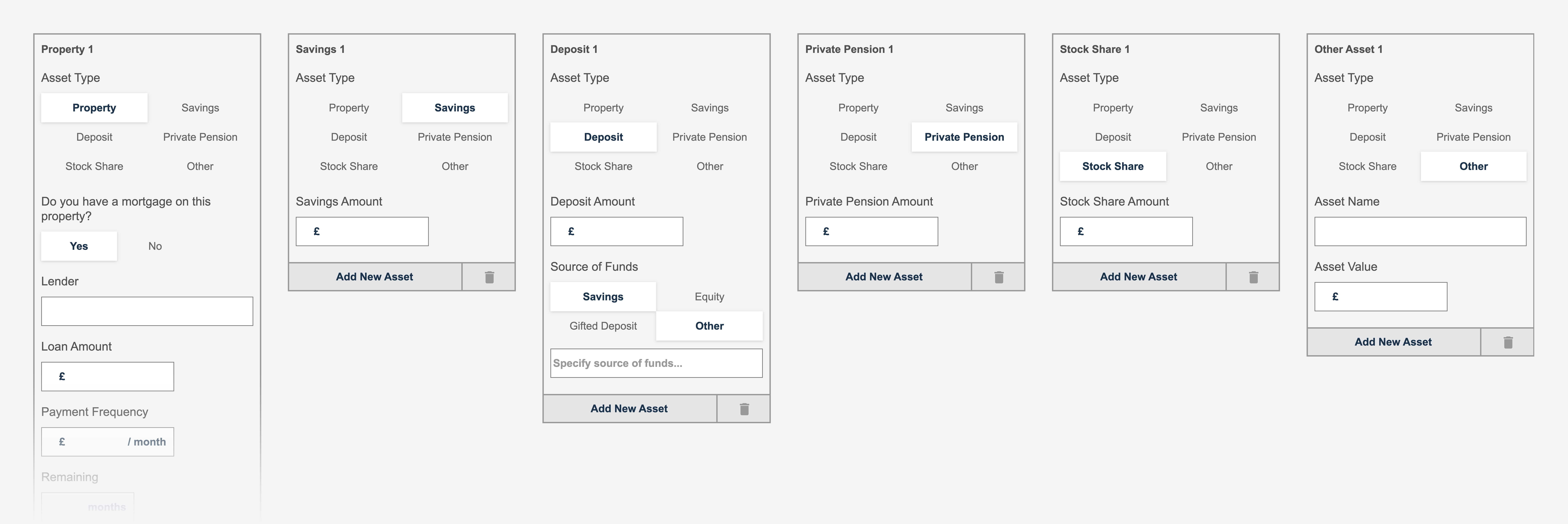 Card-based wireframe for Heron Financial's application interface