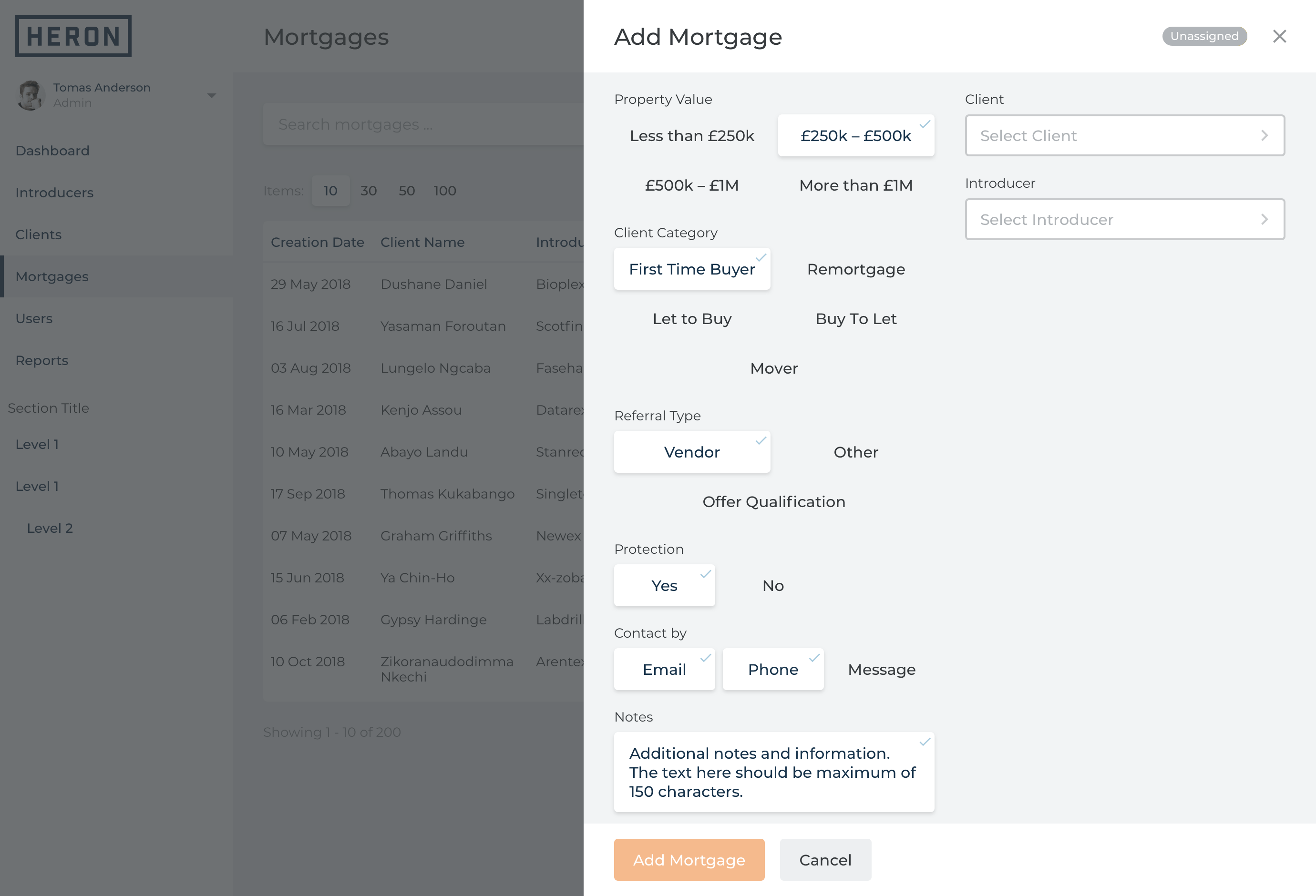 Screenshot showcasing the two-column side pane experience in Add Mortgage workflow