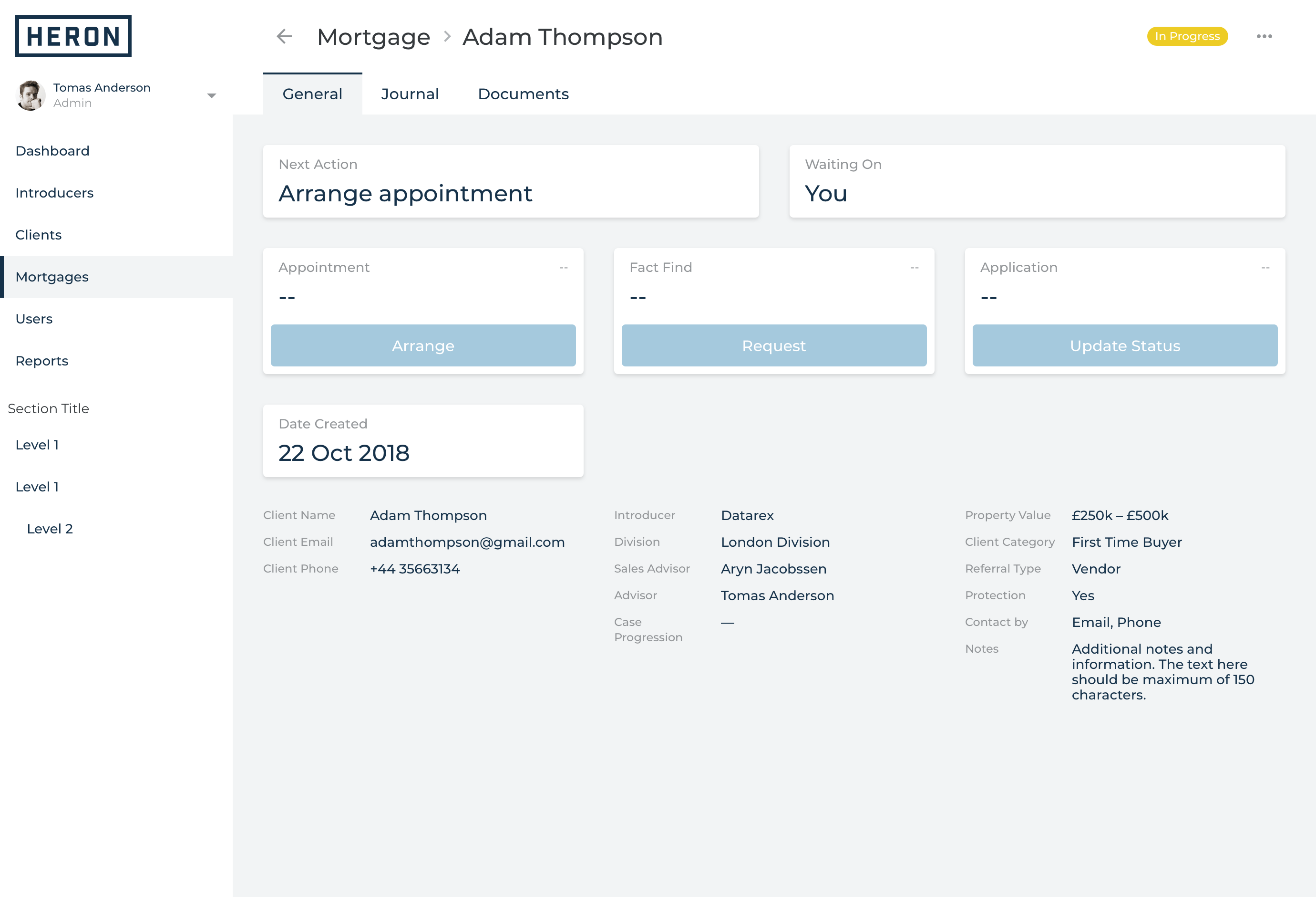 Presentation of mortgage details screen with status tracking cards in Arrange Appointment workflow