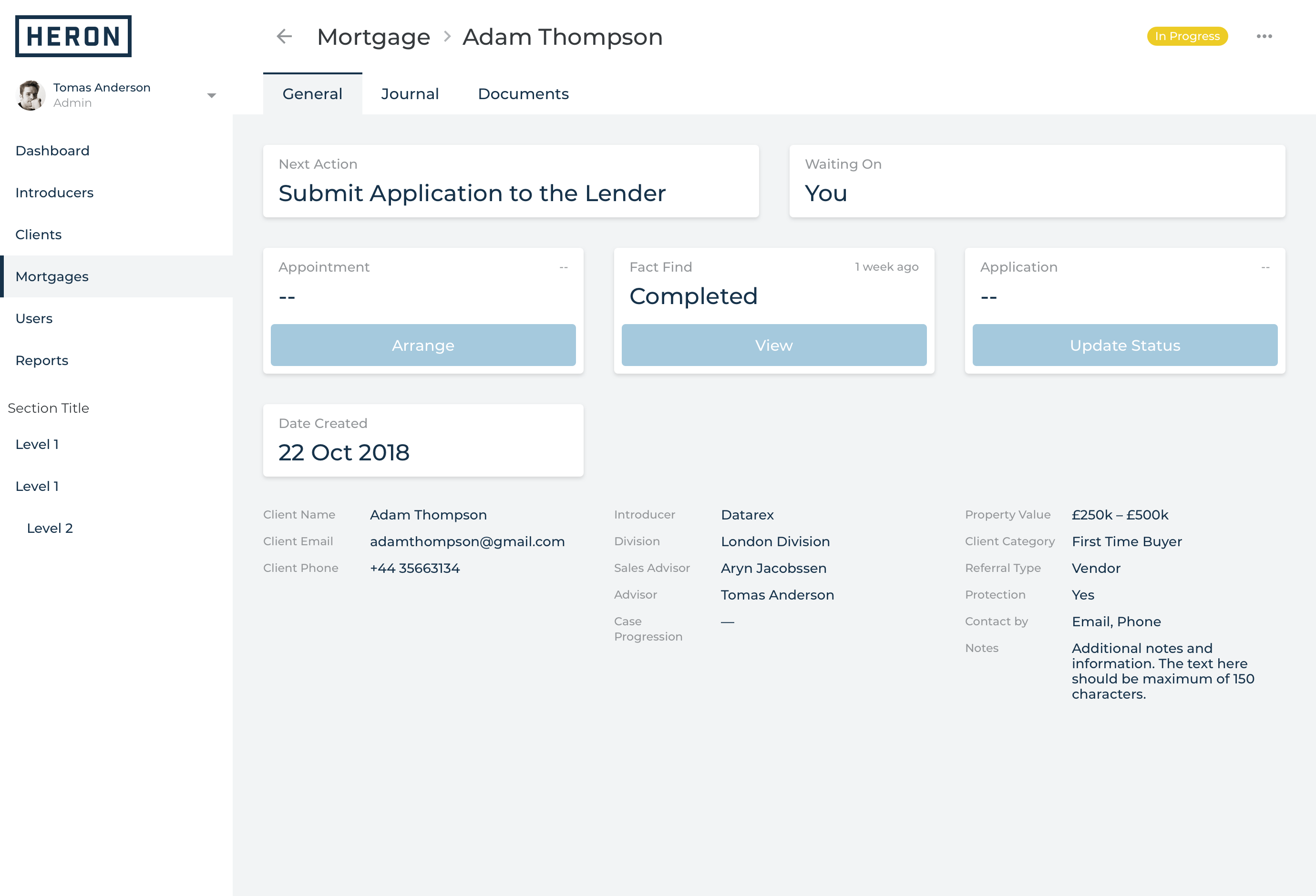 Admin interface showing the client’s mortgage application form with preview options