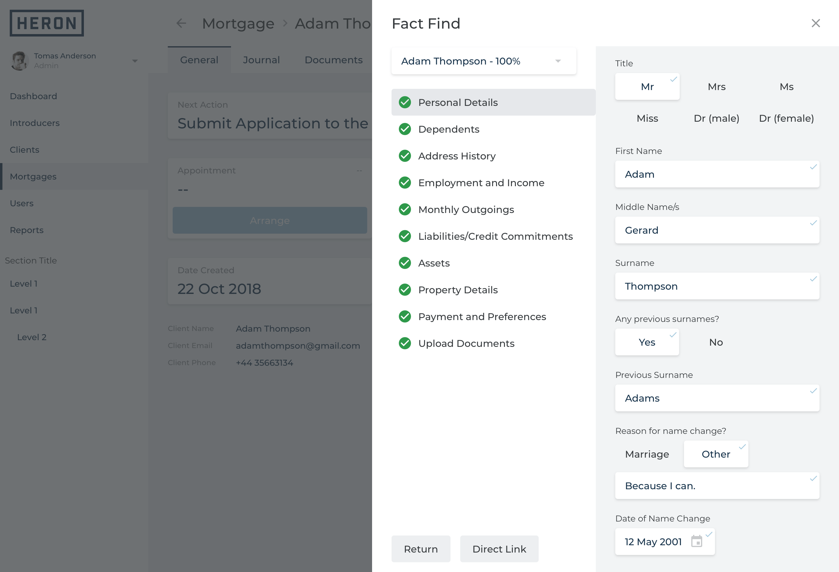 Screenshot highlighting the three-column side pane experience in Return Mortgage Application Form